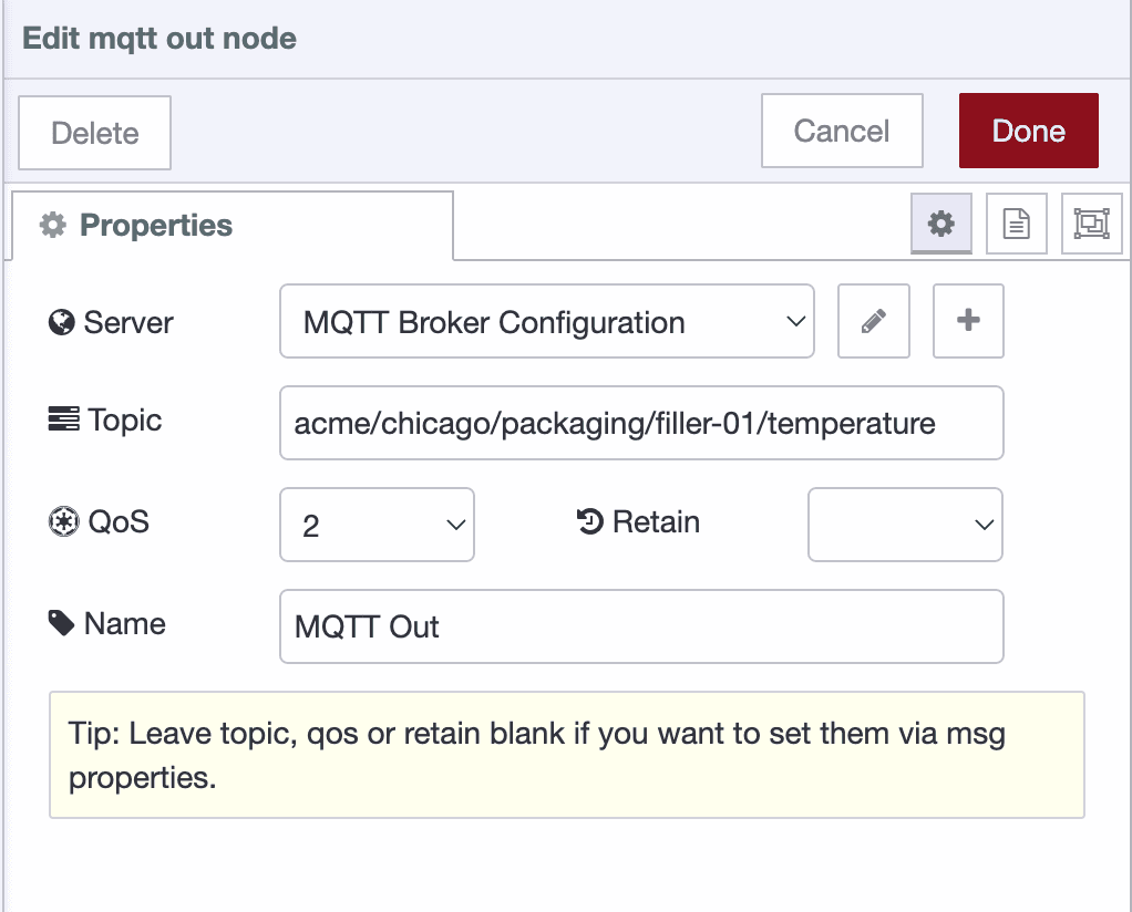 MQTT Out node — publishing data to a topic